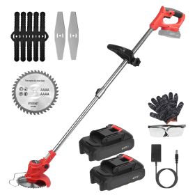 1Set Electric Cordless Grass Trimmer  With 2 Alloy Saw Blades 2 Alloy Blades 10 Plastic Blades 2 Rechargeable Batteries Goggles Gloves Auxiliary Handl