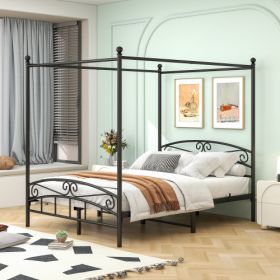 Queen Size Metal Canopy Bed Frame With Headboard And Footboard Black