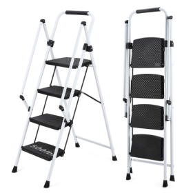 White Four-step Ladder, Light Folding Four-step Stool, Wide Anti-skid Pedal And Safety Handle, Strong Steel Ladder, Multi-purpose Ladder, Applicable T