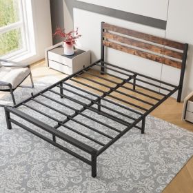 Queen Size Platform Bed Frame With Rustic Vintage Wood Headboard, Strong Metal Slats Support Mattress Foundation, No Box Spring Needed Rustic Brown
