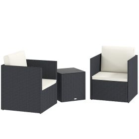 Outsunny 3 Piece Patio Furniture Set with Washable Cushions, Adjustable Feet, and Glass Coffee Table for Garden, Balcony, Black