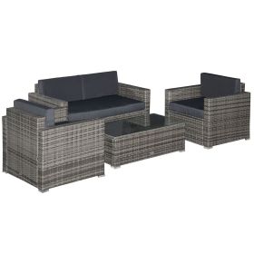 Outsunny 4-Piece Resin Wicker Set Outdoor Seating with Chairs Loveseat Glass Table Gray