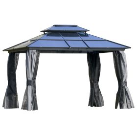 Outsunny Hardtop Gazebo 10x12, with Aluminum Frame, 2-Tier Polycarbonate Roof, with Curtains, Netting for Garden, Patio, Backyard, Grey