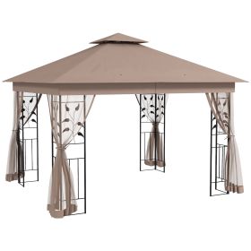 Outsunny 10x11.5 Steel Gazebo, Double Vented Roof, Tree Motifs Corner Frame and Netting, Drainage Grommets, for Outdoor, Party, Brown