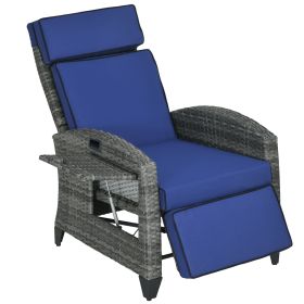 Outsunny Patio Recliner Chair, Adjustable Backrest, Cushion, Side Tray, Dark Blue, Outdoor Comfort