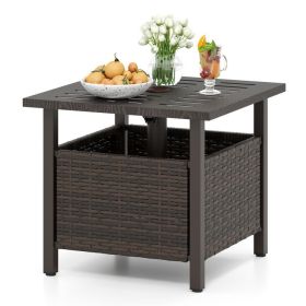 Outdoor Side Table All-Weather PE Wicker Patio Table with Umbrella Hole
