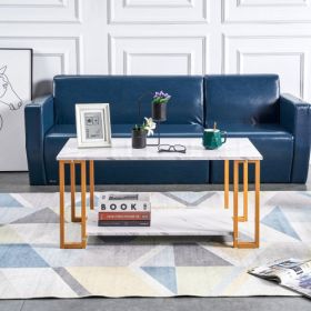D&N Coffee Table, 2 Layers 1.5cm Thick Marble MDF Rectangle 39.37  L Tabletop Iron Coffee Table , Dining Room, Coffee Shop, Resterant, White Top, Gold