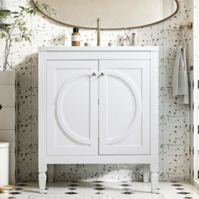30 No Assembly Needed Vintage White Bathroom Vanity With Ceramic Sink,Two Soft Close Doors  Adjustable Shelf,Modern Farmhouse Style