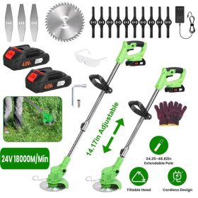 4V 300W Cordless Grass Trimmer Rechargeable Lawn Mower 18000M-Min Weed Cutter With Saw Blade 2 Stainless Steel Blades 10 Plastic Blades 2 Rechargeable