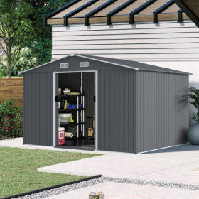 Outdoor Storage Shed 8 X 10 FT Large Metal Tool Sheds  Heavy Duty Storage House With Sliding Doors With Air Vent For Patio Lawn To Store Bikes Tools,
