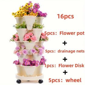 16 Pieces 5-Layer Stackable Flower Pots Vertical Garden Flowers Herbs Strawberry Vegetables Durable Plastic With Mobile Wheels Indoor And Outdoor Flow (Color: White)