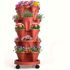 16 Pieces 5-Layer Stackable Flower Pots Vertical Garden Flowers Herbs Strawberry Vegetables Durable Plastic With Mobile Wheels Indoor And Outdoor Flow (Color: Brown)