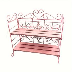 Basic Double-layer Foldable Metal Wooden Storage Rack Suitable For Bedroom Kitchen Bathroom Living Room Garden Storage (Color: Pink)