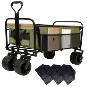 440lbs Collapsible Foldable Wagon Cart With Strapping System ,Beach Wagon Utility Cart Utility Wagon Grocery Cart For Camping Shopping Sports Gardenin (Color: Green)