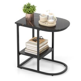 Modern Sofa Side Table with Faux Marble Tabletop and Storage Shelf (Color: Black, Material: Engineered Wood, Metal)